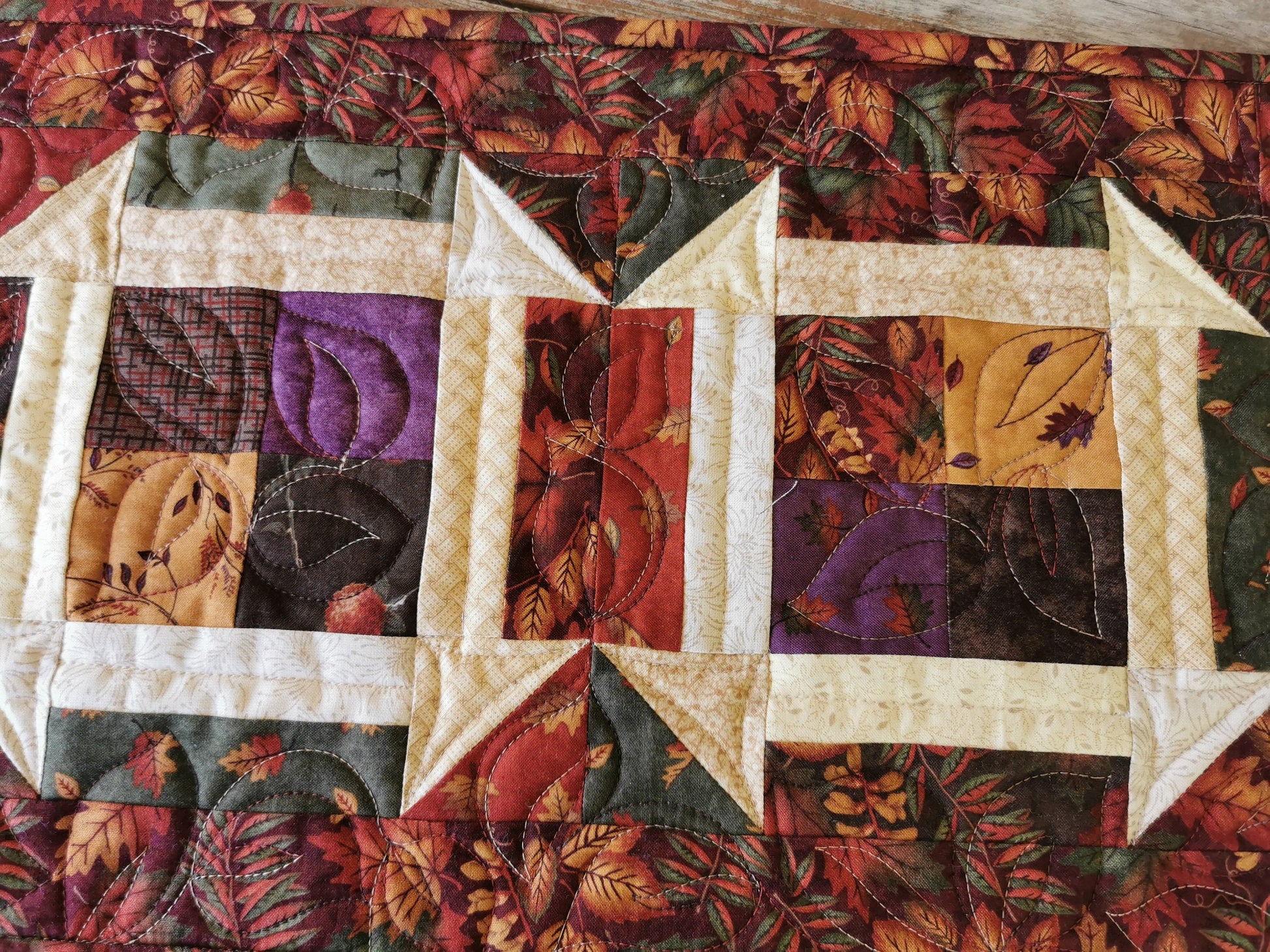Rustic Fall Leaf Quilted Table Runner, Patchwork Churn & Dash Scrap Quilt, Farmhouse Decor