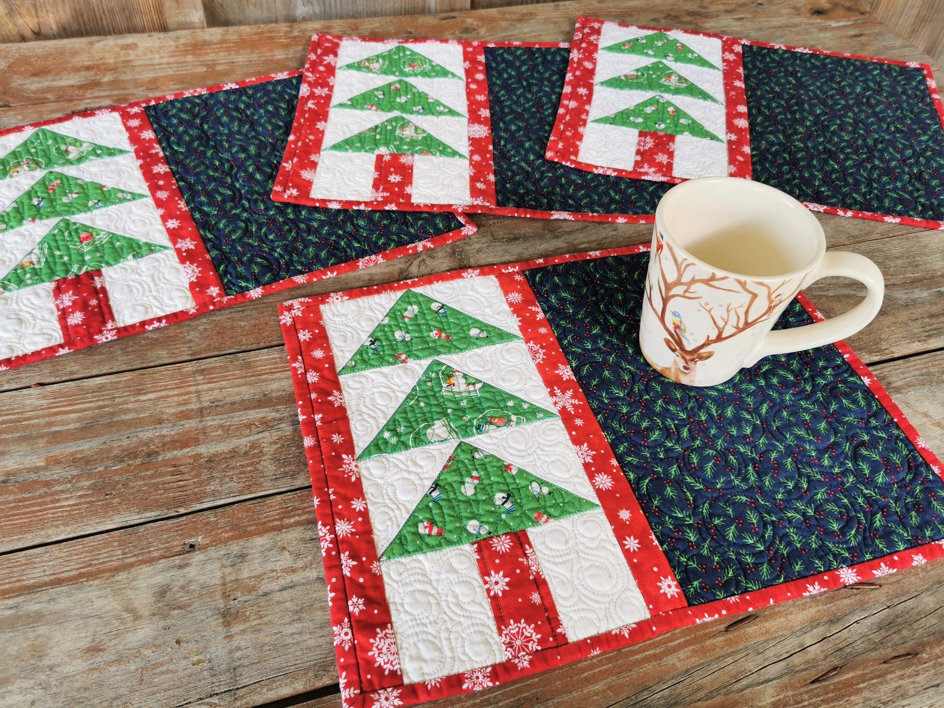 Four Quilted Christmas Tree Placemats, Reversible Winter Theme Table Mats