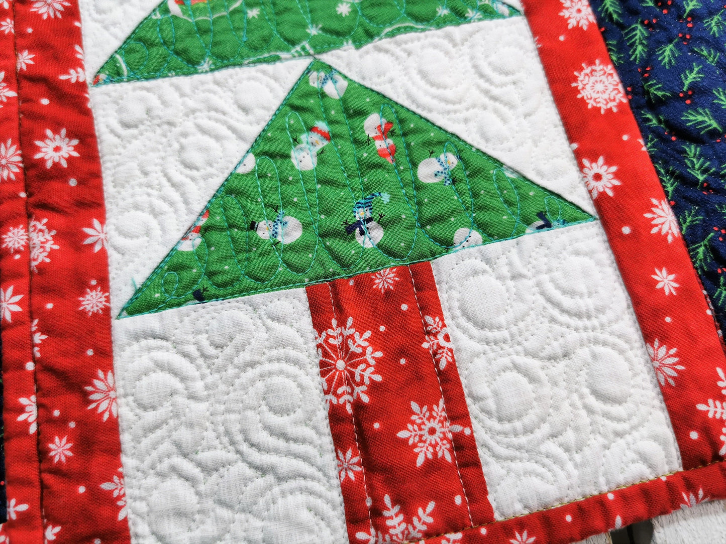 Four Quilted Christmas Tree Placemats, Reversible Winter Theme Table Mats