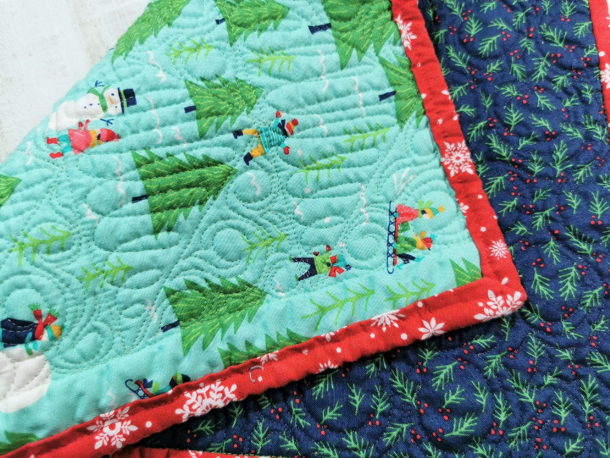 Four Quilted Christmas Tree Placemats, Reversible Winter Theme Table Mats