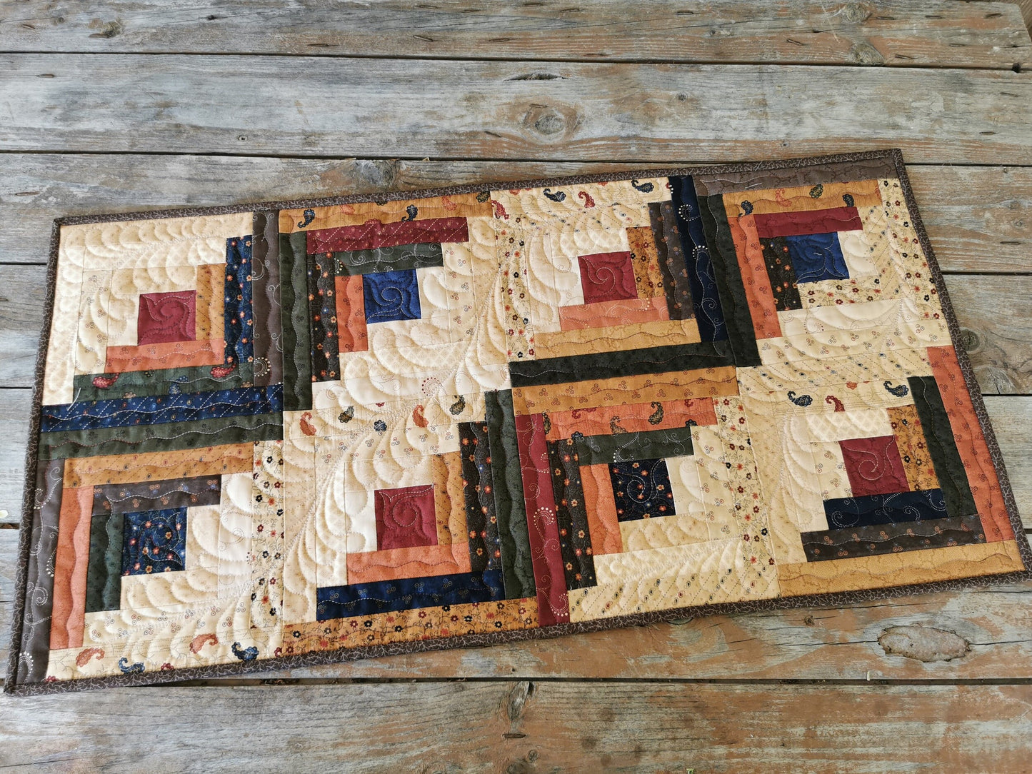 Rustic Fall Table Runner, Quilted Patchwork Log Cabin Table Topper, Scrap Quilt, Farmhouse Decor