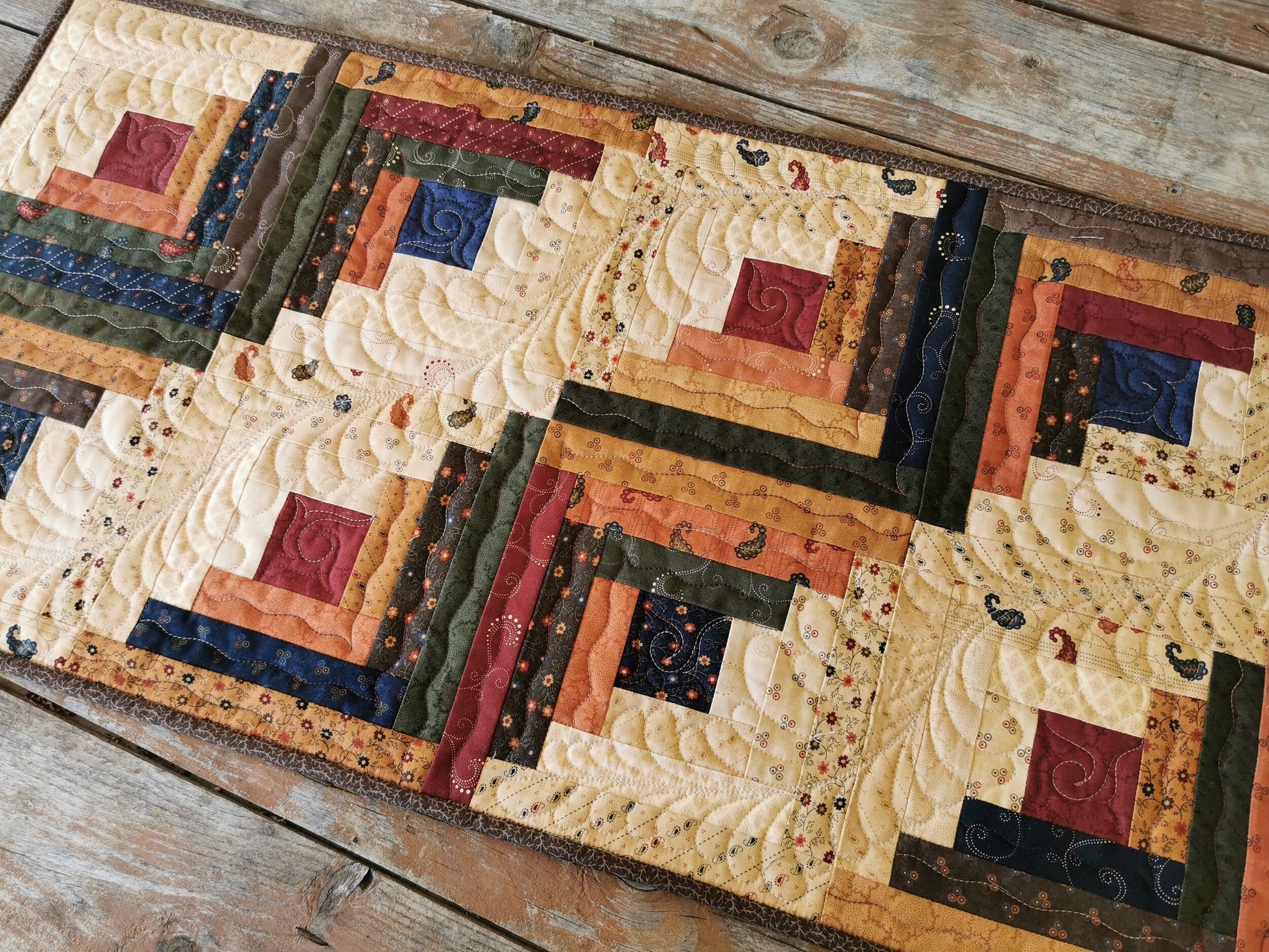 Rustic Fall Table Runner, Quilted Patchwork Log Cabin Table Topper, Scrap Quilt, Farmhouse Decor
