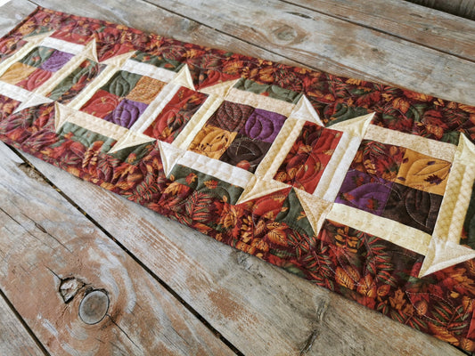 Rustic Fall Leaf Quilted Table Runner, Patchwork Churn & Dash Scrap Quilt, Farmhouse Decor