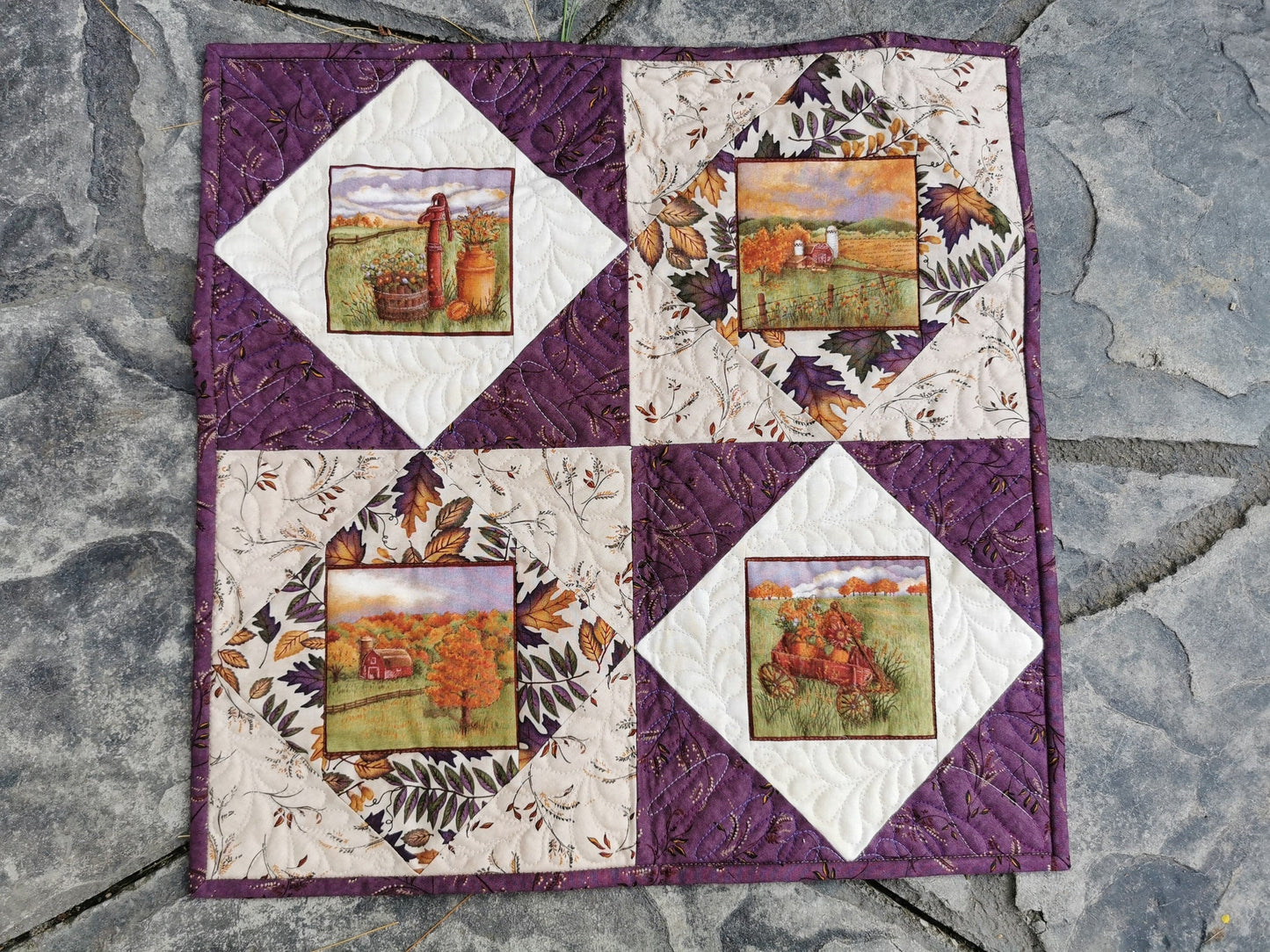 Rustic Country Farm Scene Quilt for Fall, Quilted Table Topper, Autumn Wall Quilt, Farmhouse Decor