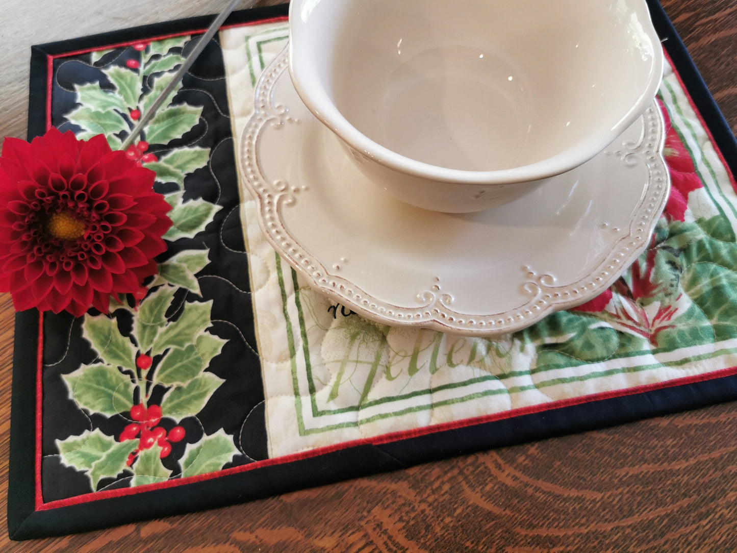 Quilted Placemats with Holly, Christmas Flowers, Chickadee Birds, Set of Six Holiday Table Mats