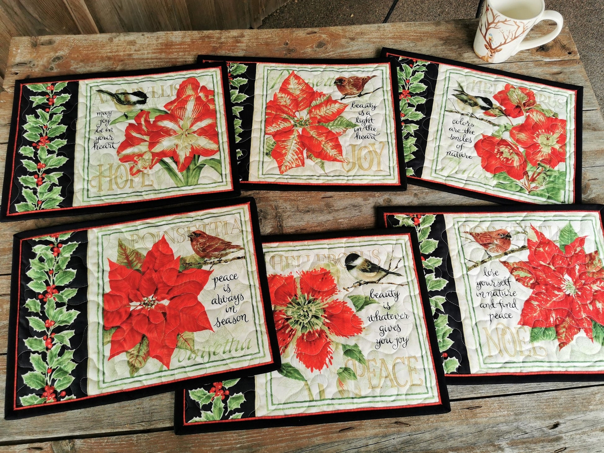 Quilted Placemats with Holly, Christmas Flowers, Chickadee Birds, Set of Six Holiday Table Mats