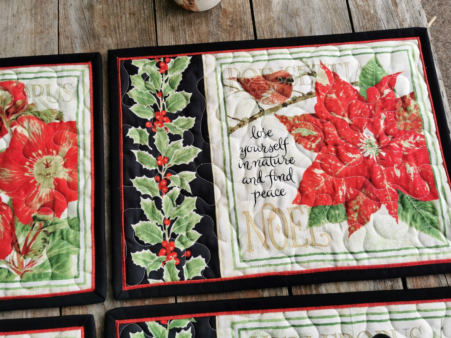 Quilted Placemats with Holly, Christmas Flowers, Chickadee Birds, Set of Six Holiday Table Mats