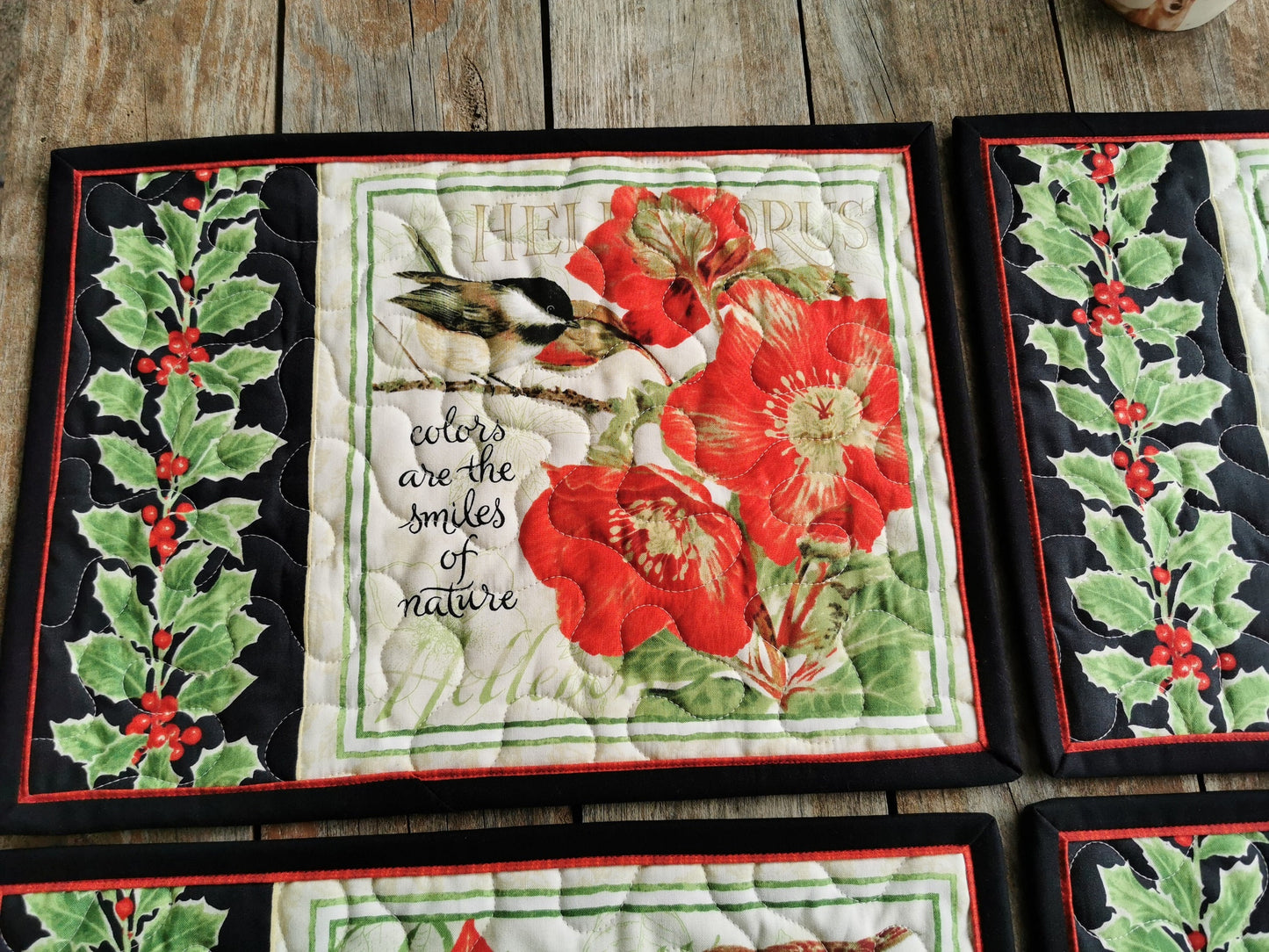 Quilted Placemats with Holly, Christmas Flowers, Chickadee Birds, Set of Six Holiday Table Mats