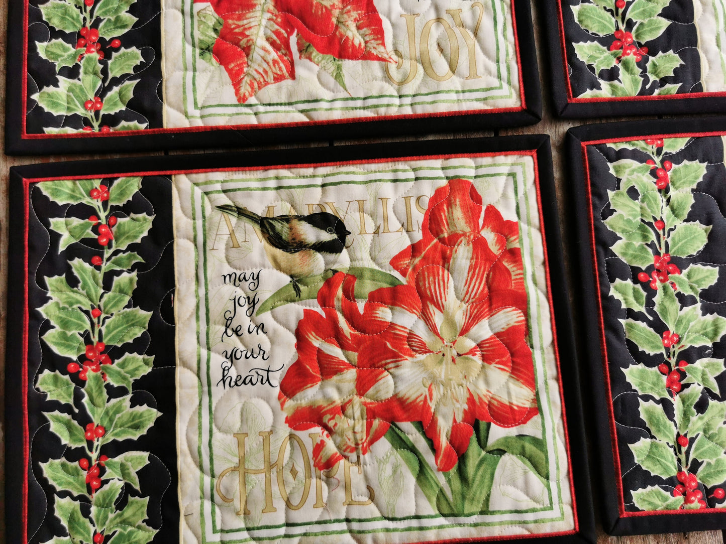 Quilted Placemats with Holly, Christmas Flowers, Chickadee Birds, Set of Six Holiday Table Mats
