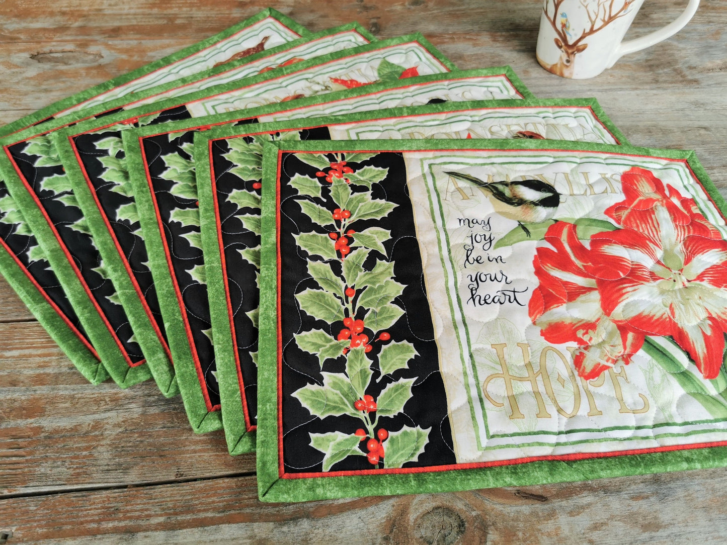 Quilted Christmas Placemats with Holly, Flowers, Chickadee Birds, Set of Six 