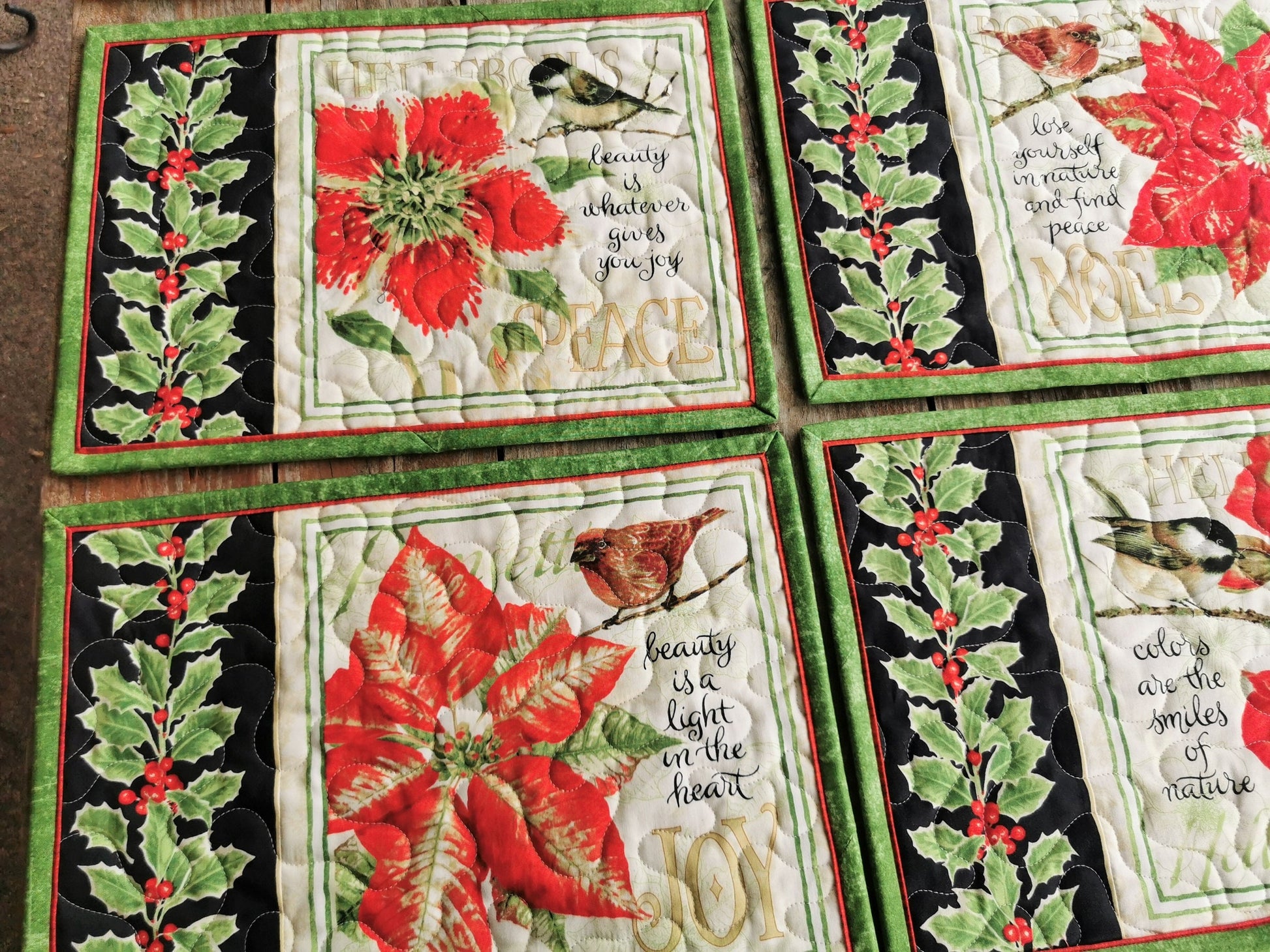 Quilted Christmas Placemats with Holly, Flowers, Chickadee Birds
