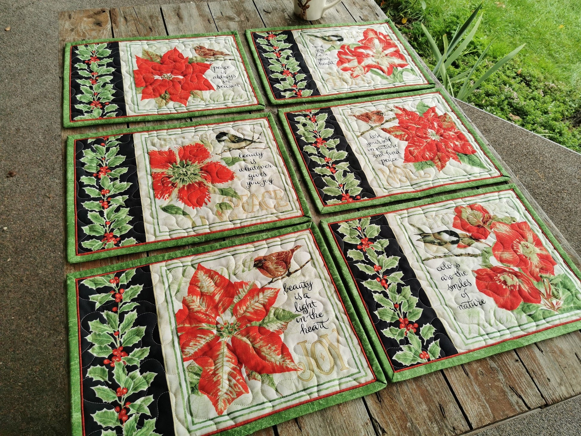 Quilted Christmas Placemats with Holly, Flowers, Chickadee Birds, Set of Six Holiday Table Mats