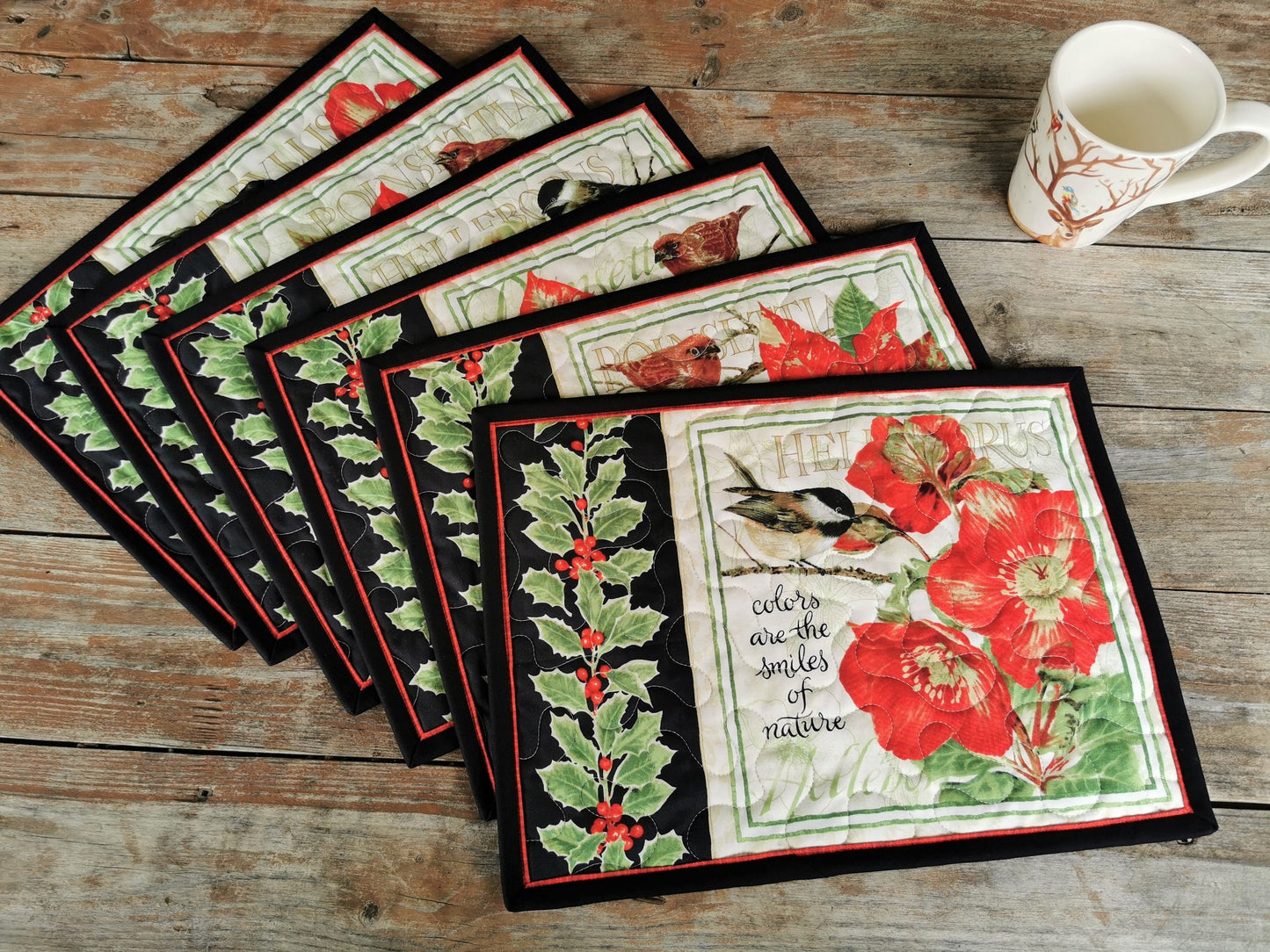 Quilted Placemats with Holly, Christmas Flowers, Chickadee Birds