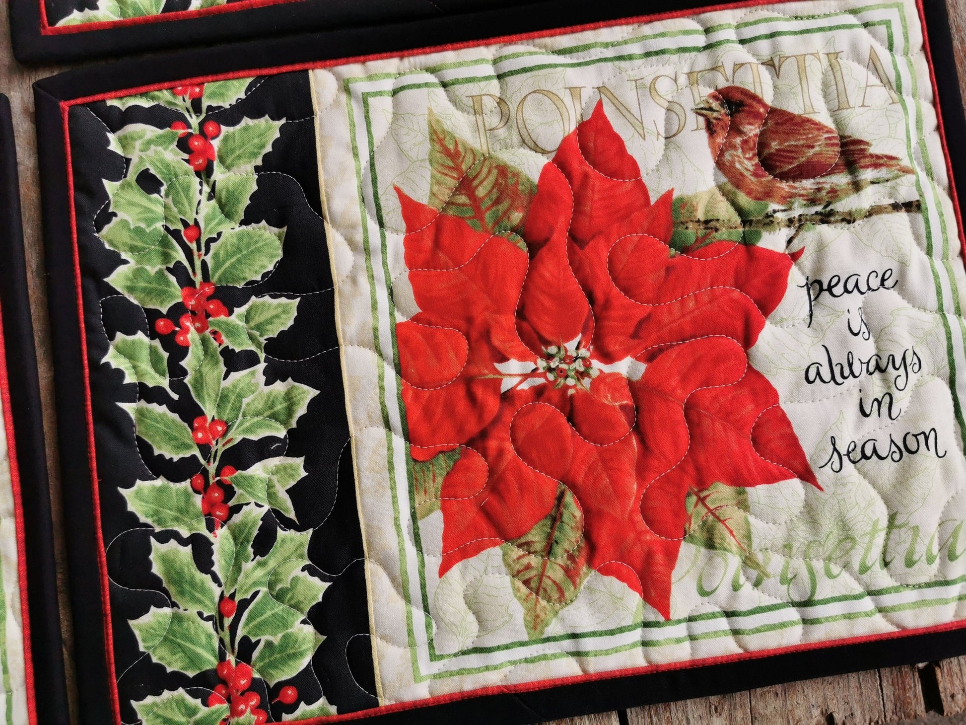 Quilted Placemats with Holly, Christmas Flowers, Chickadee Birds, Set of Six Holiday Table Mats