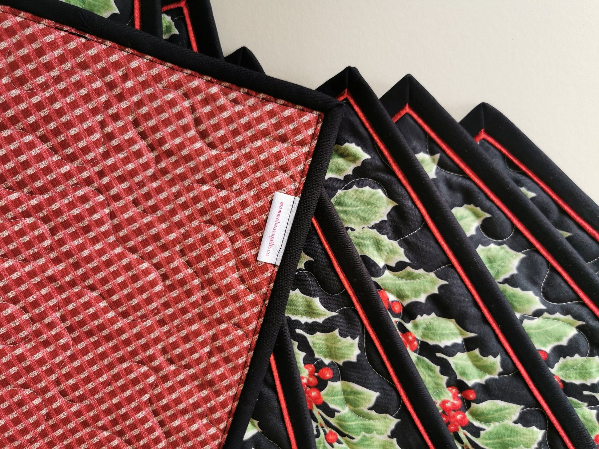 Quilted Placemats with Holly, Christmas Flowers, Chickadee Birds, Set of Six Holiday Table Mats
