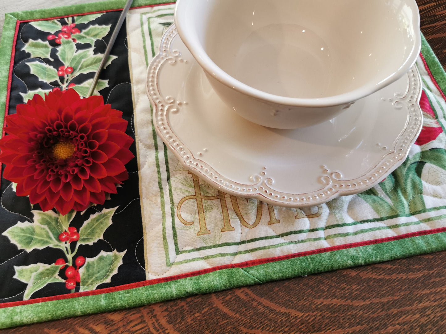 Quilted Christmas Placemats with Holly, Flowers, Chickadee Birds, Set of Six Holiday Table Mats