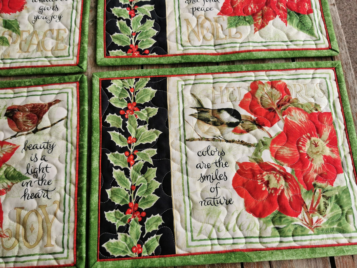 quilted placemats with inspirational message, holly & berries, Chickadee, Helleborus flower, 