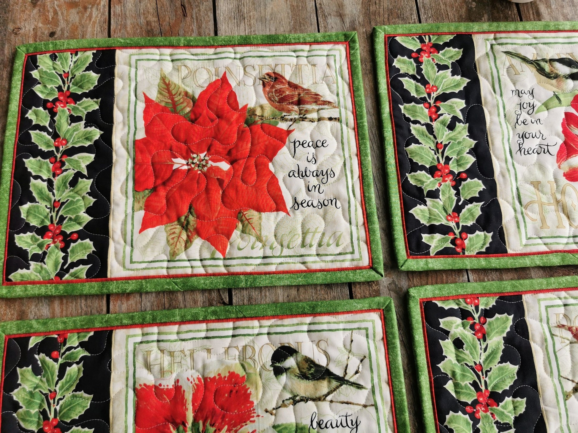 Quilted Christmas Placemats with Holly & berries, finch, poinsettia and inspirational message