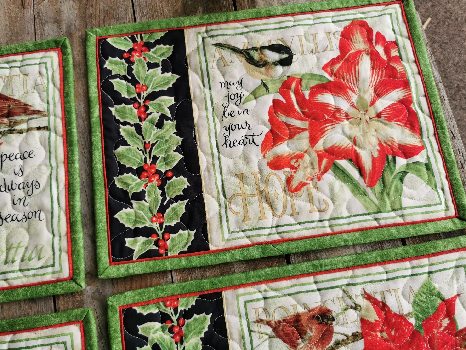 Quilted Christmas Placemats with Holly, Flowers, Chickadee Birds, Set of Six Holiday Table Mats