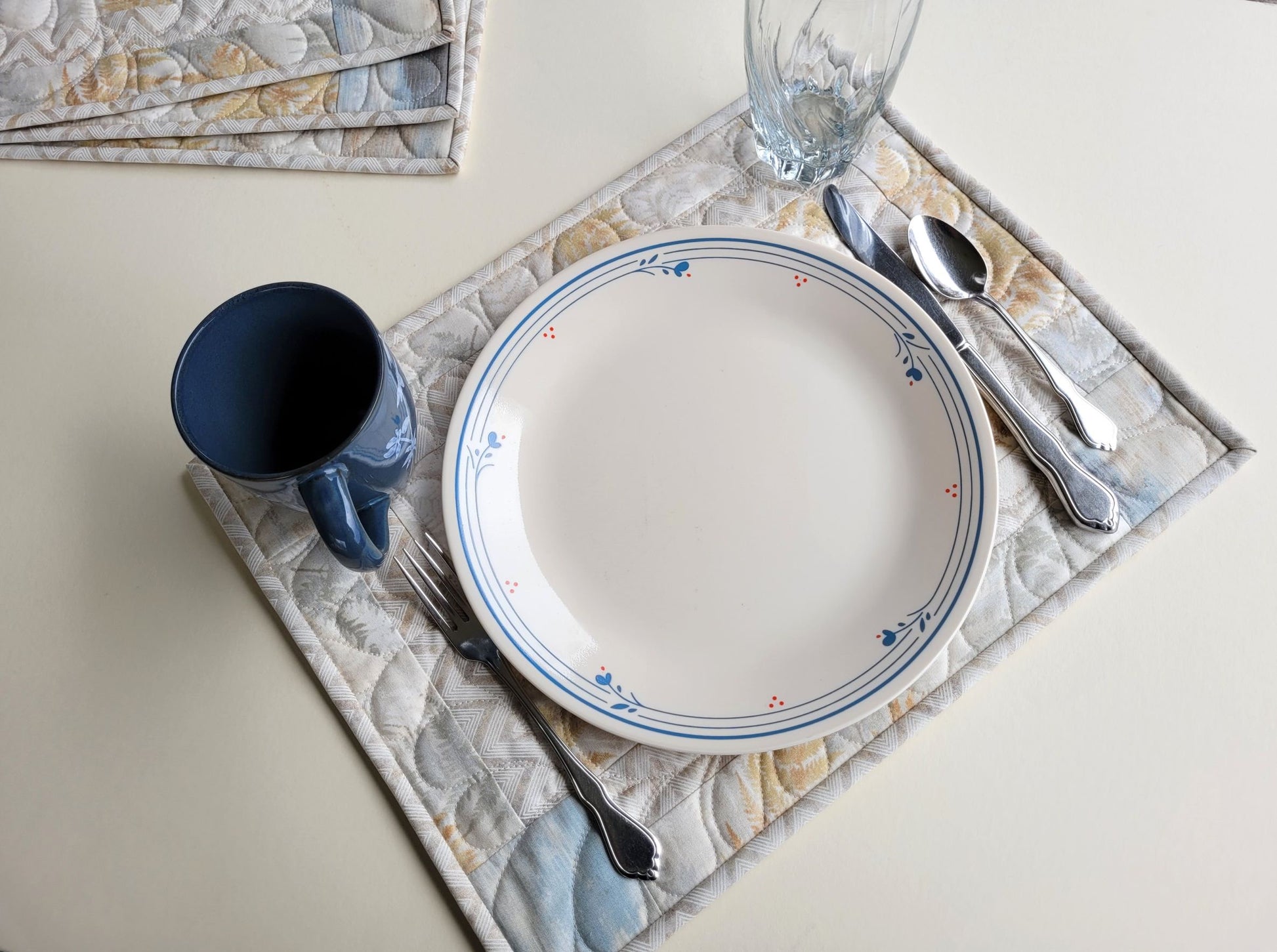 Neutral Quilted Placemats in Slate Blue, Beige and Gray with Modern Abstract Ferns