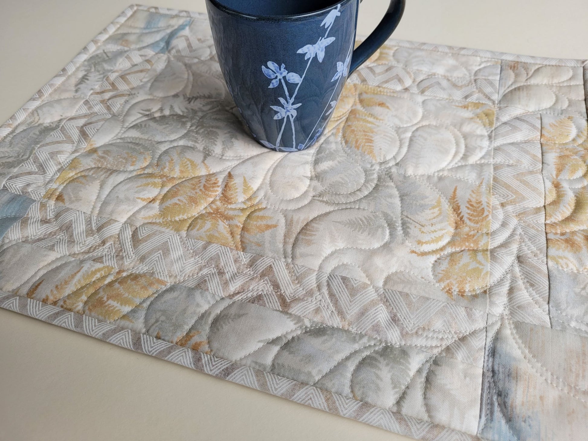Neutral Quilted Placemats in Slate Blue, Beige and Gray with Modern Abstract Ferns