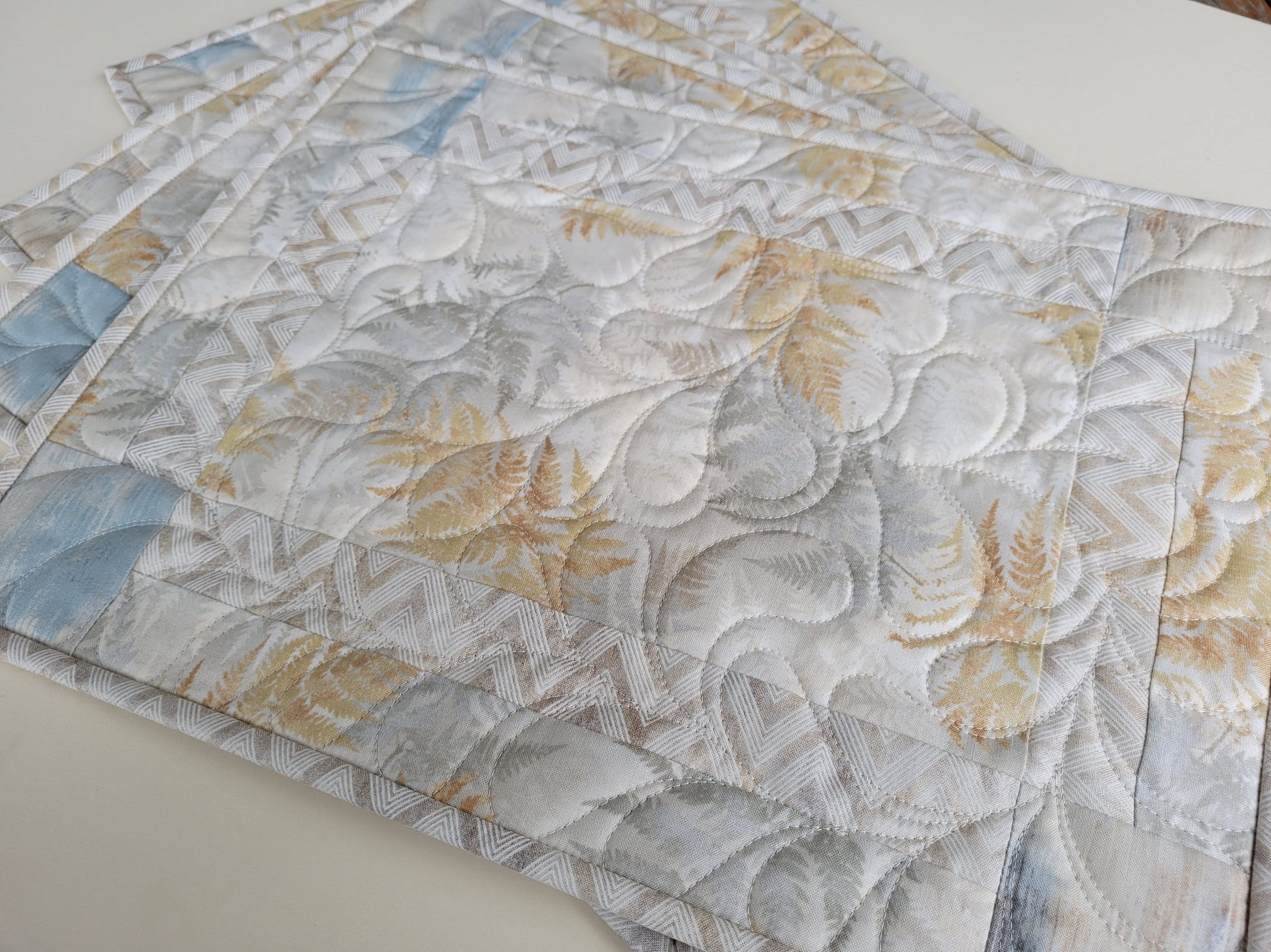 Neutral Quilted Placemats in Slate Blue, Beige and Gray with Modern Abstract Ferns