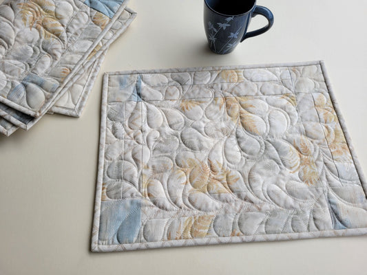 Neutral Quilted Placemats in Slate Blue, Beige and Gray with Modern Abstract Ferns