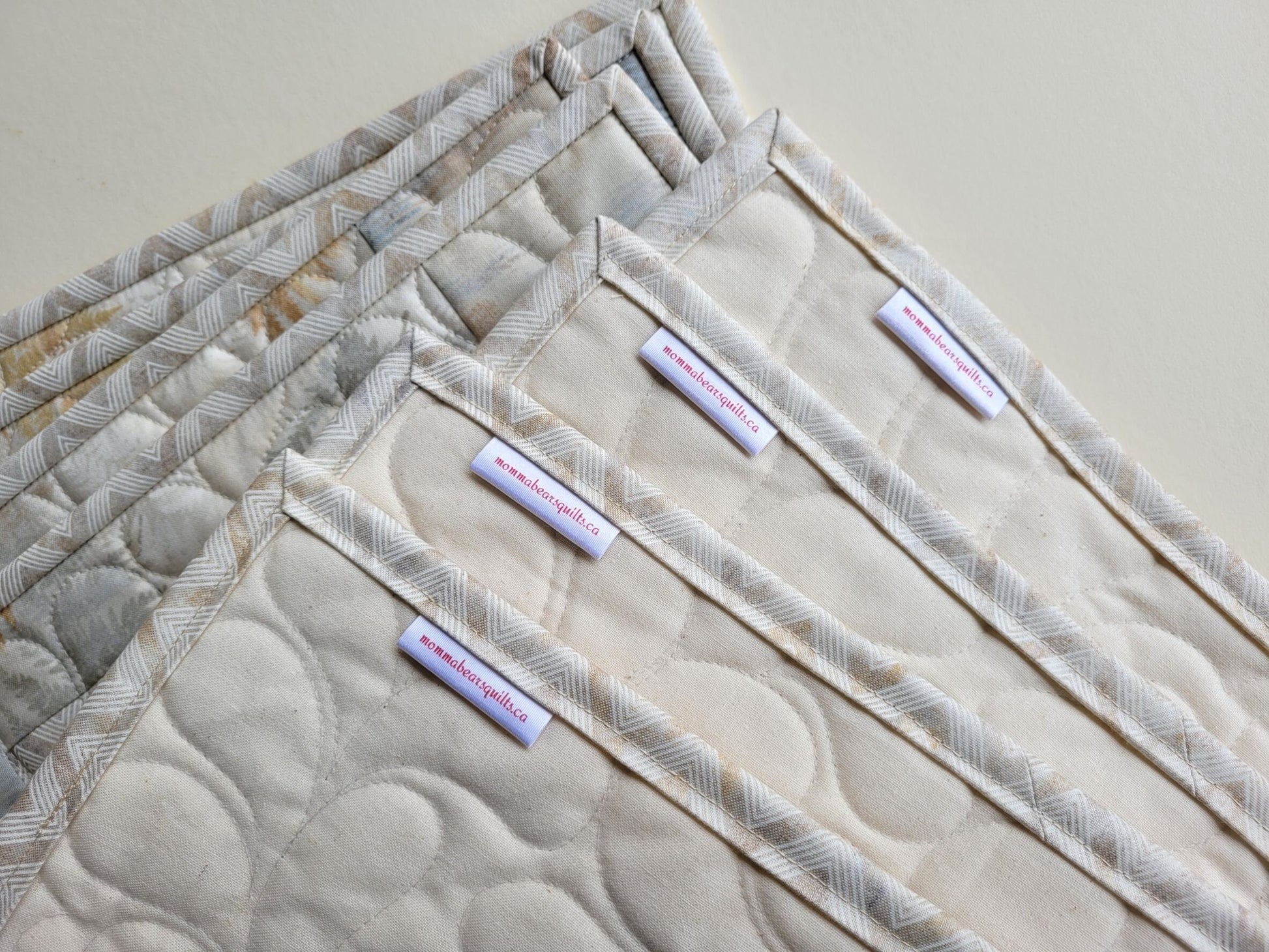Neutral Quilted Placemats in Slate Blue, Beige and Gray with Modern Abstract Ferns