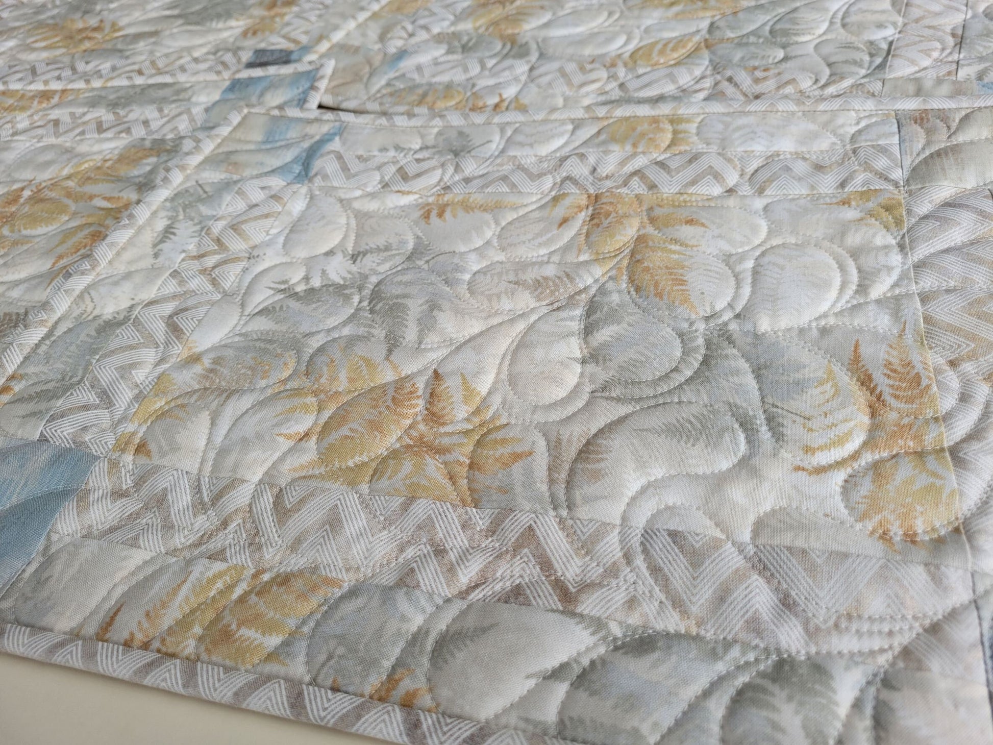 Neutral Quilted Placemats in Slate Blue, Beige and Gray with Modern Abstract Ferns