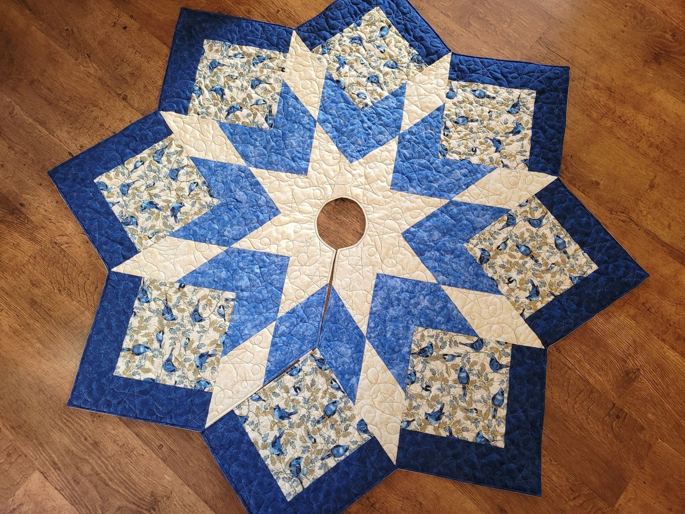 Blue Star Quilted Christmas Tree Skirt