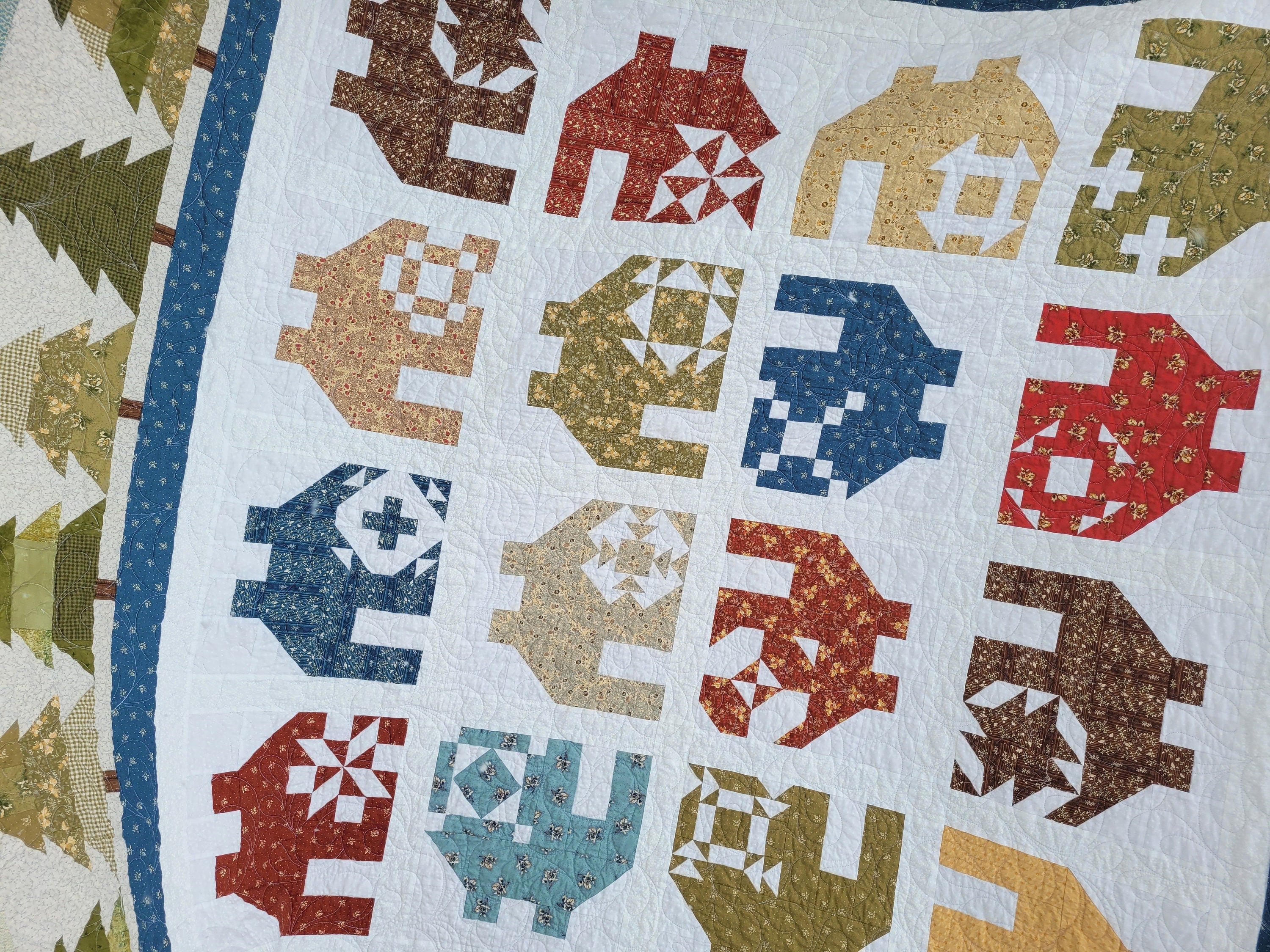 Scrappy Patchwork Village Throw Quilt with Trees and Soft Flannel Back, Sampler Block Houses