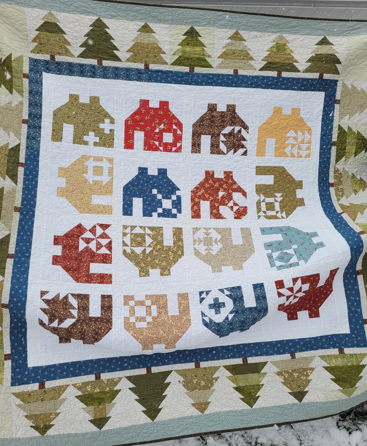 Scrappy Patchwork Village Throw Quilt with Trees and Soft Flannel Back, Sampler Block Houses