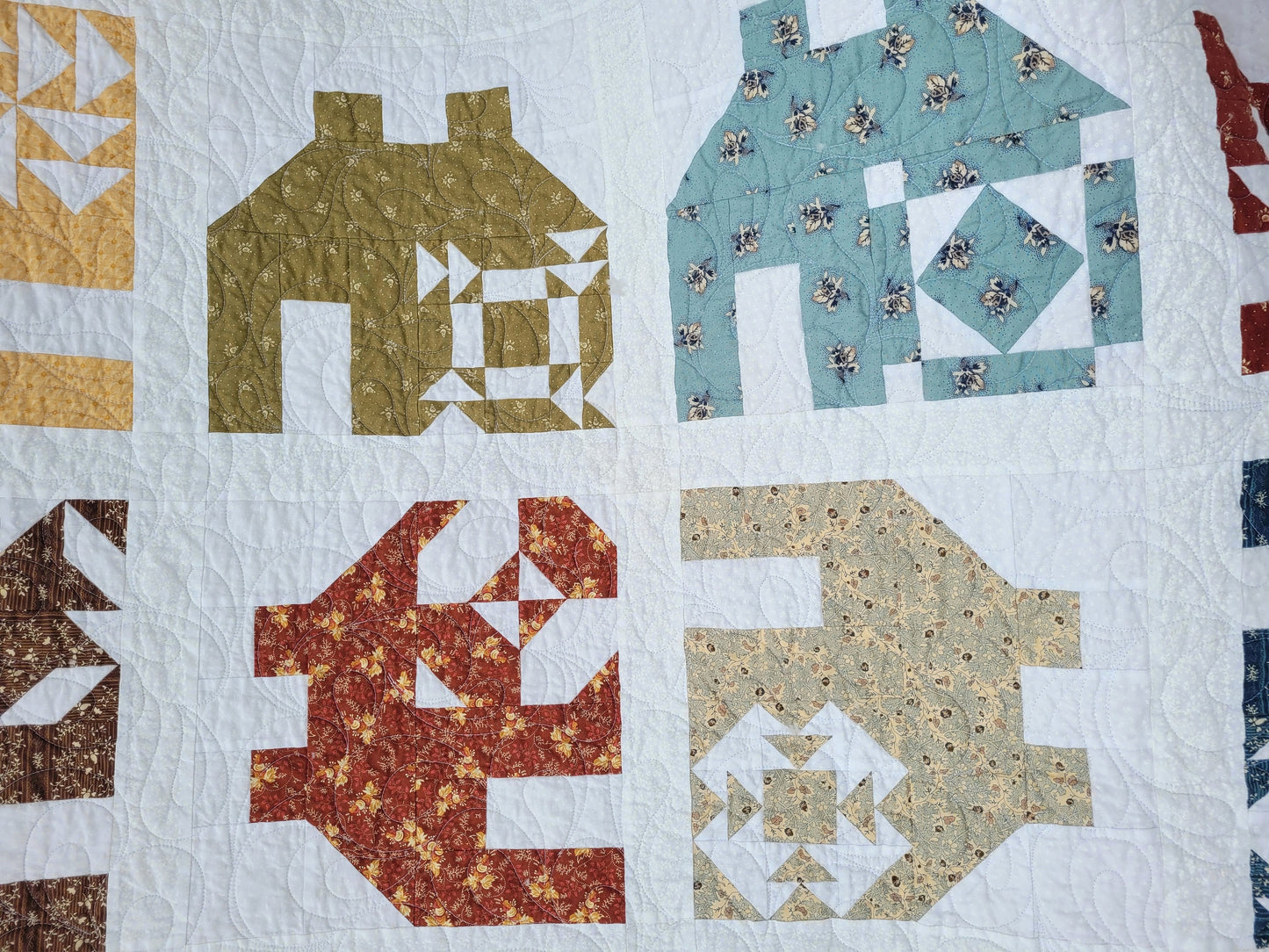 Scrappy Patchwork Village Throw Quilt with Trees and Soft Flannel Back, Sampler Block Houses