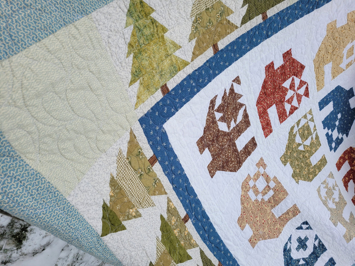 Scrappy Patchwork Village Throw Quilt with Trees and Soft Flannel Back, Sampler Block Houses