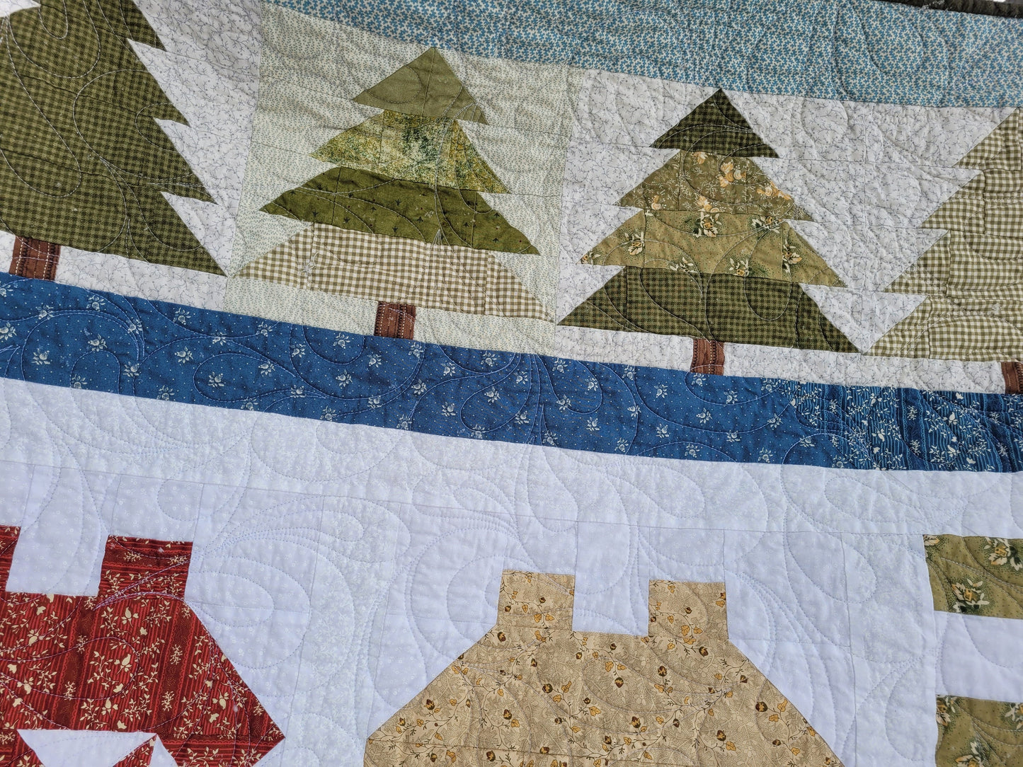 Scrappy Patchwork Village Throw Quilt with Trees and Soft Flannel Back, Sampler Block Houses