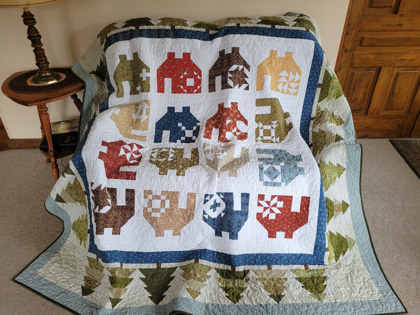 Scrappy Patchwork Village Throw Quilt with Trees and Soft Flannel Back, Sampler Block Houses