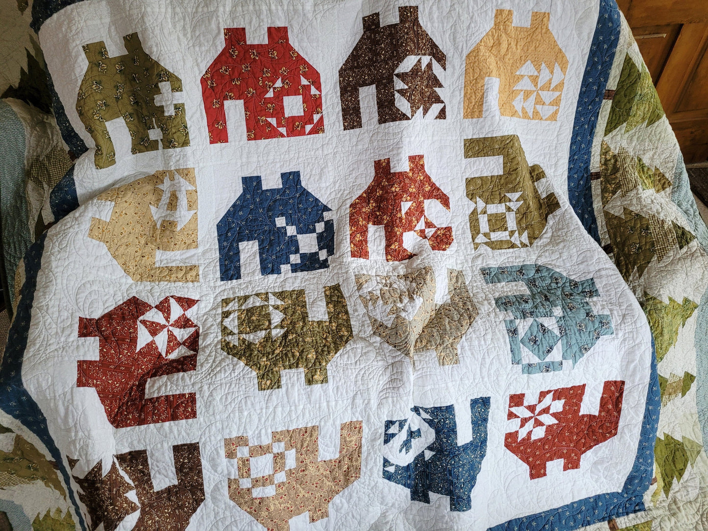 Scrappy Patchwork Village Throw Quilt with Trees and Soft Flannel Back, Sampler Block Houses