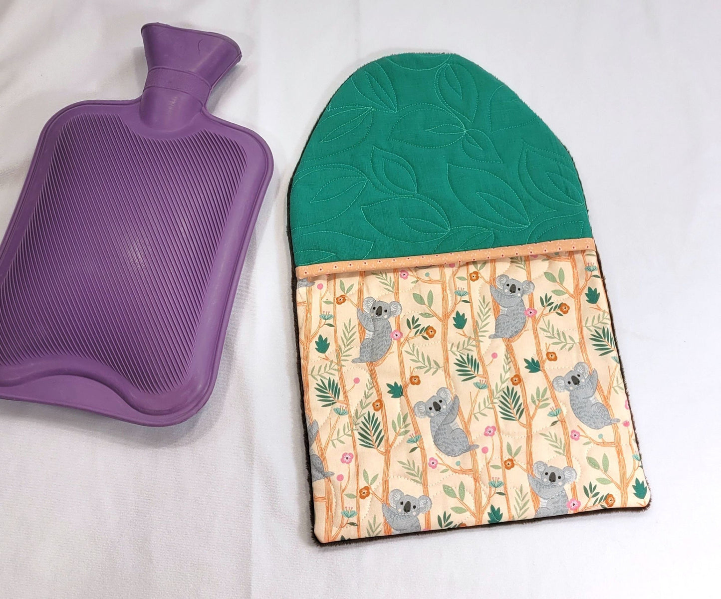 Quilted Hot Water Bottle Cover with Koala Bears, Soft Therapy Bottle Cover, Self Care Gift