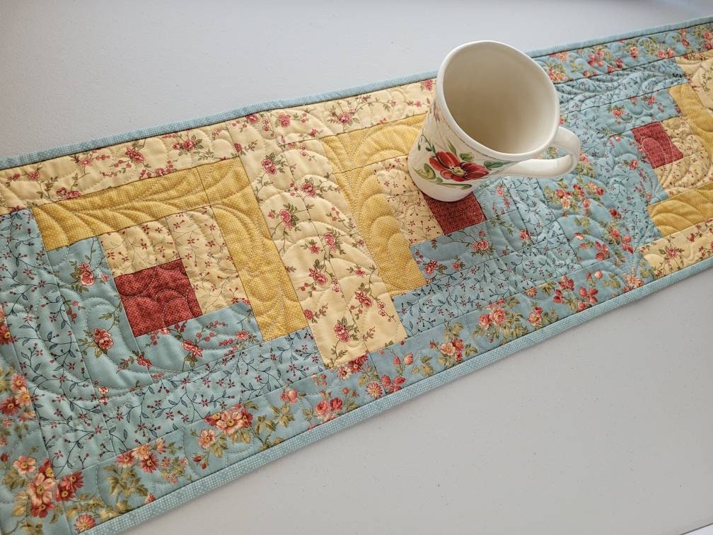 Quilted Log Cabin Table Runner, Rose Floral Decor, Teal and Golden Yellow Summer Colors