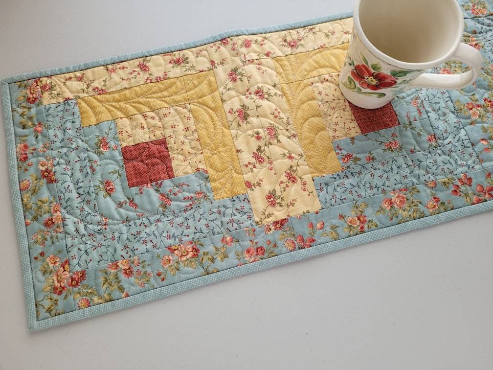 Quilted Log Cabin Table Runner, Rose Floral Decor, Teal and Golden Yellow Summer Colors