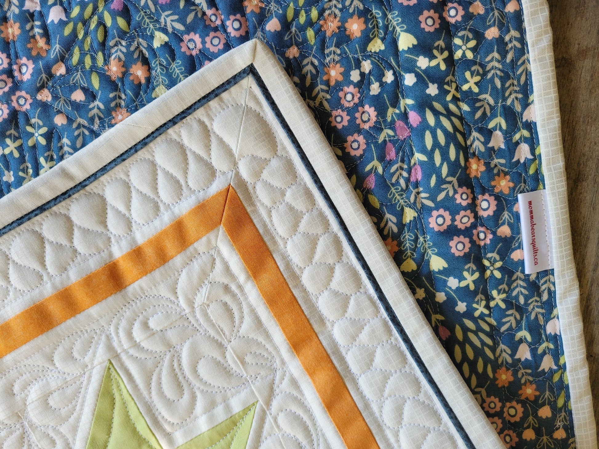 quilted table runner with floral backing