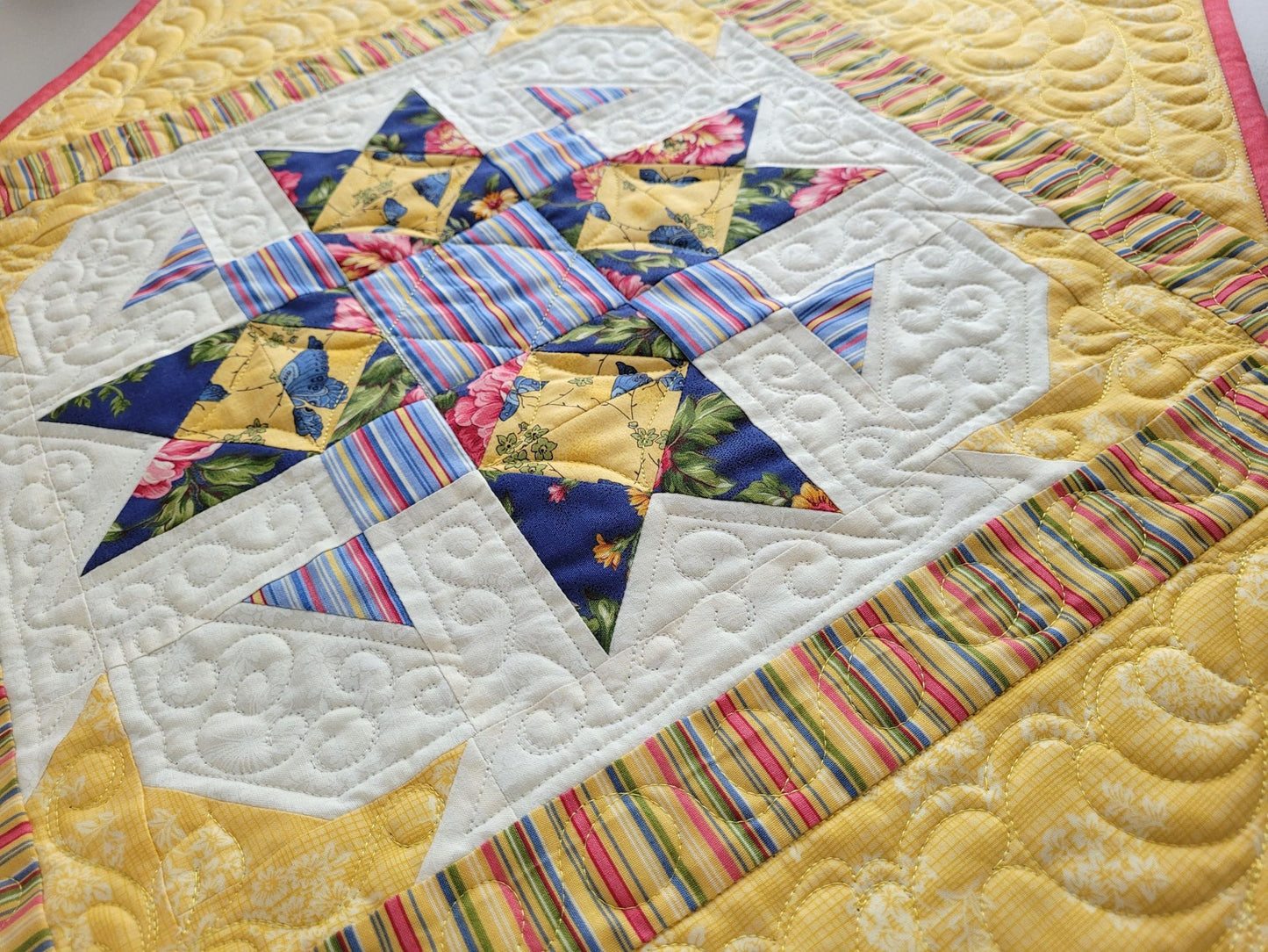 Yellow Star Quilted Table Topper or Wall Hanging, Summer Home Decor