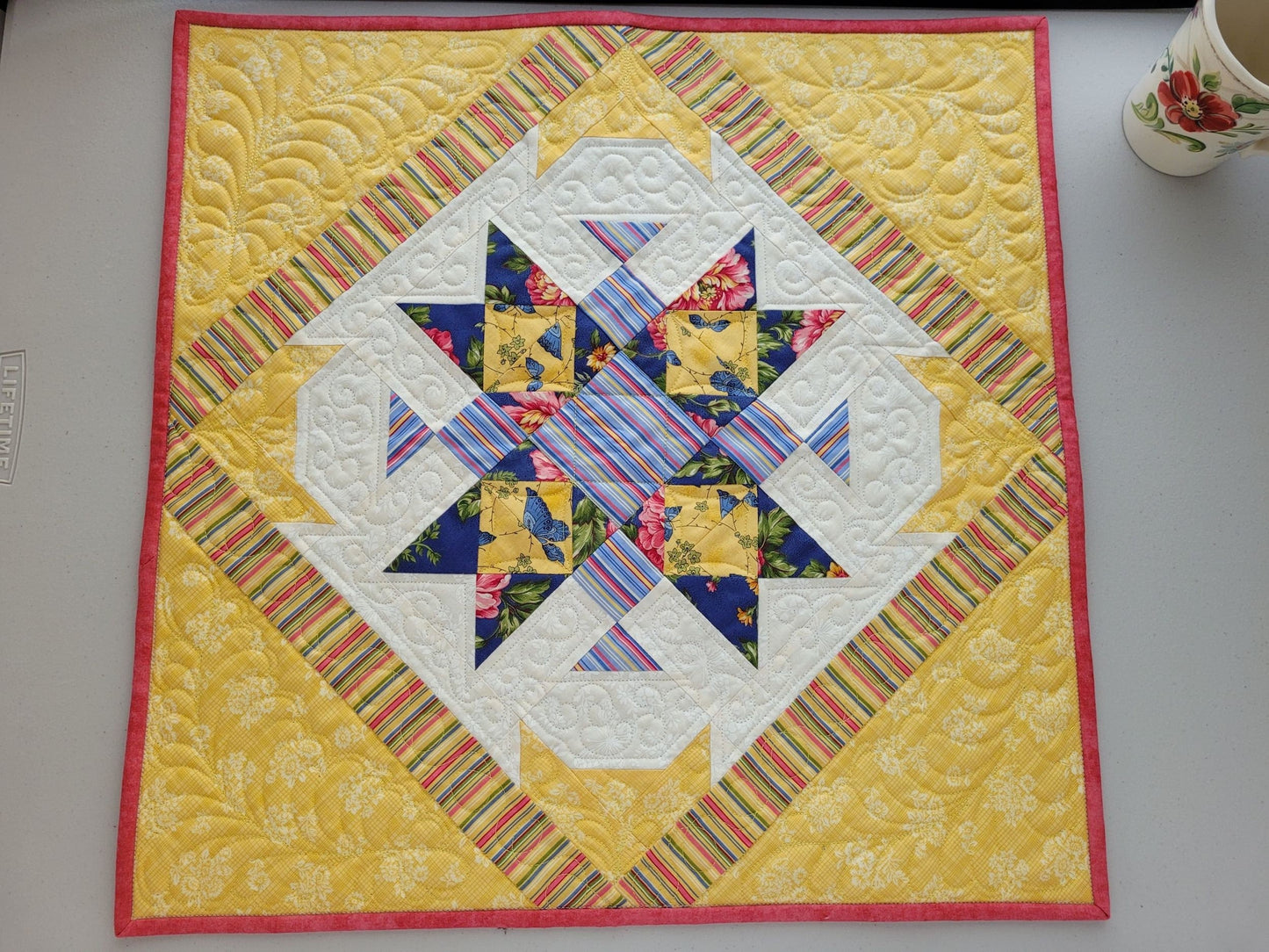 Yellow Star Quilted Table Topper or Wall Hanging, Summer Home Decor
