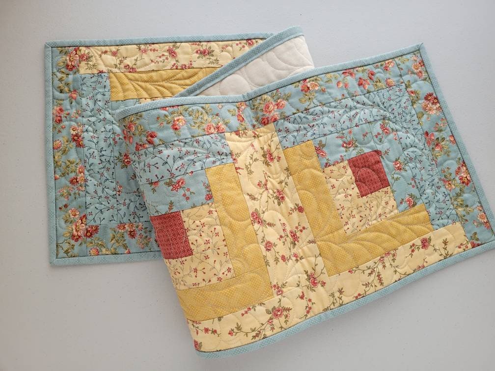 Quilted Log Cabin Table Runner, Rose Floral Decor, Teal and Golden Yellow Summer Colors