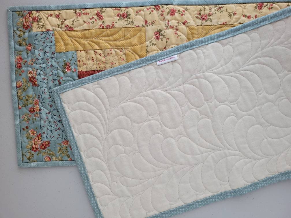 Quilted Log Cabin Table Runner, Rose Floral Decor, Teal and Golden Yellow Summer Colors