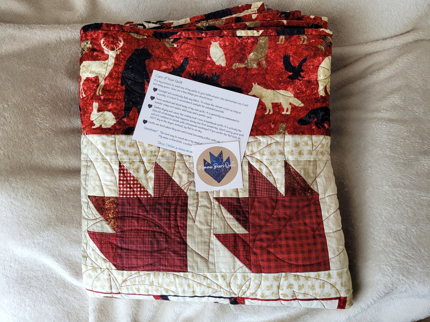 Momma Bears Quilt packaging and care instructions