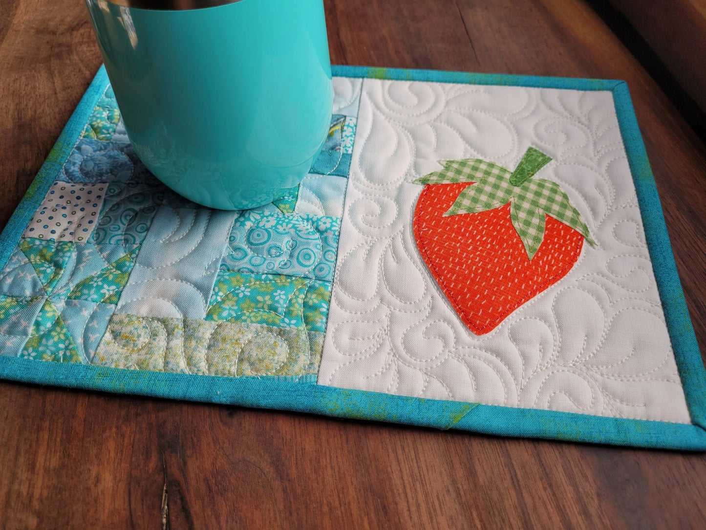 Strawberry Mug Rug Mini Quilt | Quilted Desk Coaster | Mouse Pad