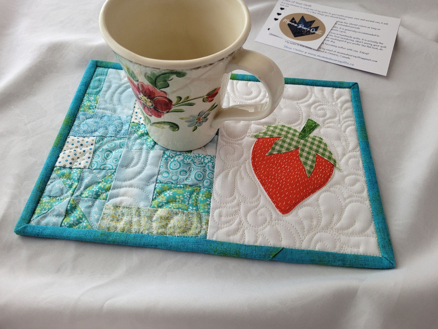 Strawberry Mug Rug Mini Quilt | Quilted Desk Coaster | Mouse Pad