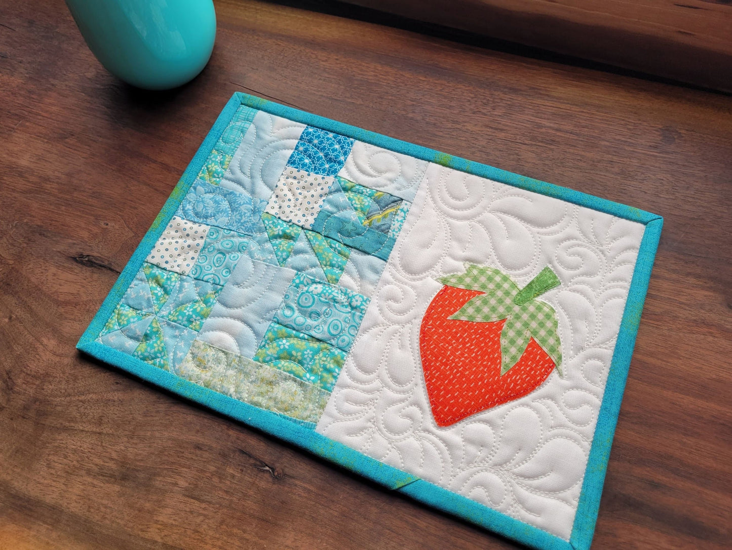 Strawberry Mug Rug Mini Quilt | Quilted Desk Coaster | Mouse Pad