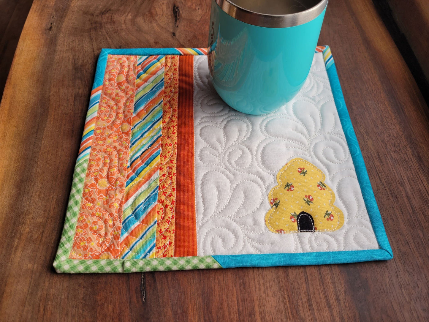 Bee Skep Mini Quilt | Quilted Coaster | Summer Teacher Gift | Bee Mug Rug